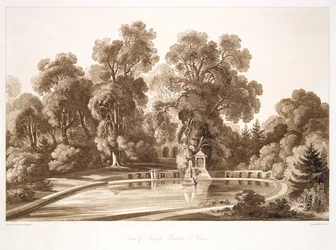 Vista de la fuente del templo y la cueva, Sezincote, grabado por Frederick Christian Lewis Snr., c.1817-18