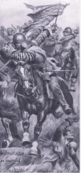 Teniente John Smith recuperando el estandarte del rey en Edgehill, 23 de octubre de 1642, ilustración de British Battles on Land and Sea, 1915