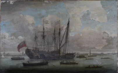 Un casco flotante reparando un East Indiaman
