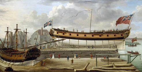 Un buque de sexta clase (sixth rate), buque de guerra de la Marina Real Británica, en dique seco, el astillero es probablemente el de Rotherhite, en la orilla sur del Támesis (Inglaterra)
