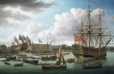 El "Royal George" en Deptford (Inglaterra) durante la botadura del "Cambridge" el 21 de octubre.