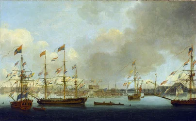 La botadura del HMS "Alexander" en Deptford, Inglaterra, en 1778, un buque de guerra de 74 cañones que luchó durante la Batalla del Nilo (o Batalla de Aboukir, en 1798).