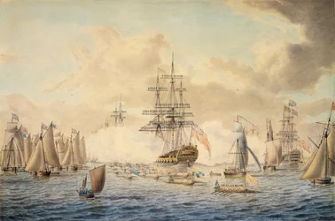 Jorge III pasando revista a la flota en Spithead, 22 de junio de 1773, representando al HMS "Royal Oak".