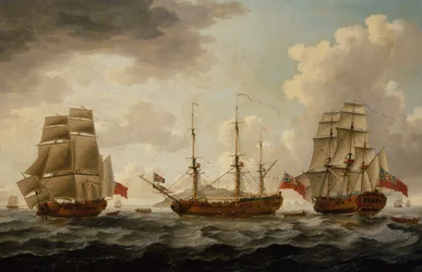 H.M.S. Tyrall en tres posiciones frente a Antigua