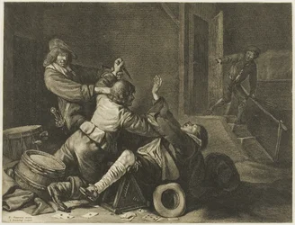 Tres hombres luchando en un interior