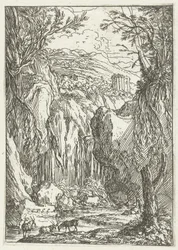 Paisaje rocoso con templo antiguo