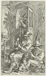 Dos hombres frente a una posada con un perro.