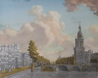 Vista de la torre llamada Jan Roodenpoortstoren y del canal Singel en Ámsterdam