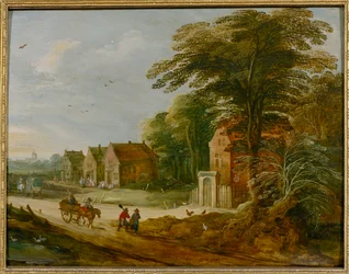 Viajeros pasando por un pueblo (óleo sobre tabla)