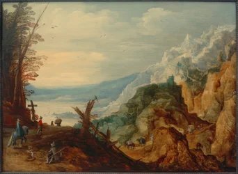Paisaje montañoso con viajeros