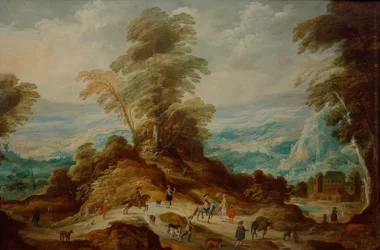 Paisaje montañoso con grupo de caza