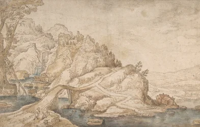 Paisaje montañoso con río, puente y casas con dos figuras a la izquierda