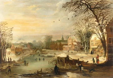 Paisaje invernal junto a un río helado