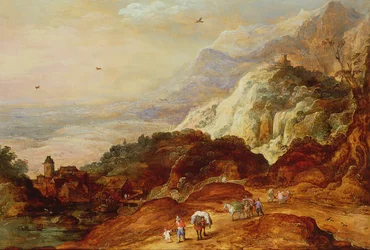 Paisaje Montañoso con Figuras y Mulas