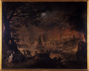Ciudad en llamas junto al mar