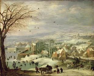 Paisaje de aldea en invierno, c.1615-20