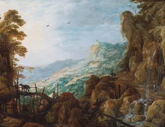 Paisaje montañoso rocoso con un jinete sobre un puente y una cascada (óleo sobre tabla)