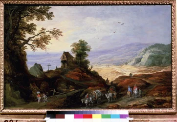 Paisaje con una capilla en una colina. Campesinos con arados caminan por los caminos. Pintura de Joos de Momper Le Jeune (1564-1635), hacia 1608-1610. arte flamenco. Óleo sobre madera. Museo Pushki de Bellas Artes