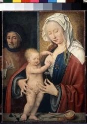 ""La Sagrada Familia"" (La Sagrada Familia) El niño Jesús juega con el pecho de su madre. Pintura de Joos van Cleve (Cleef) (circa 1485-1540) Siglo XVI Dim. 42,5x31,5 cm San Petersburgo. Museo del Hermitage