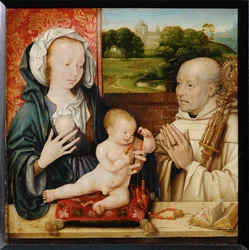 Virgen con el Niño y San Bernardo de Claraval. Al fondo, la abadía de Cluny...