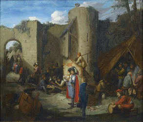 Un oficial leyendo una carta en un campamento militar junto a las murallas de un castillo