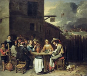 Compañeros de juerga frente a una taberna