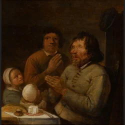 Interior con una familia campesina rezando