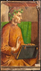 Efigie de Dante Alighieri (1265-1321), poeta, escritor italiano, autor de la Divina Comedia, tocado de liripión - Pintura de Juste de Gante (Joos van Wassenhove) (hacia 1435-alrededor de 1475) y Pedro Berruguete (hacia 1450-antes de 1504), parte de un conj