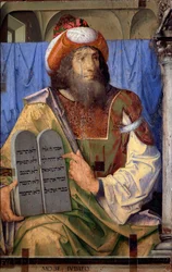 Retratos de hombres ilustres: Moisés y las tablas de la ley. Pintura de Joos van Wassenhove (o Justo de Gante, también conocido como Josse o Jodocus de Gante, Giusto di Ghent o Juste de Ghent, activo entre 1460-1475). Dimensiones: 74 x 115 cm. Museo N