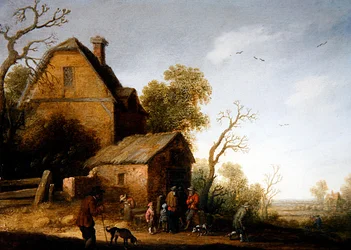 Paisaje boscoso con figuras y perros