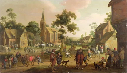 Viajeros, mendigos y tratantes de caballos en un pueblo