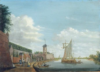 Un paisaje fluvial con elegantes ciudadanos paseando junto a una muralla de la ciudad, c.1776