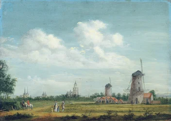 Vista de Arnhem con la iglesia de San Walburgskerk a la izquierda y la Grote Kerk a la derecha, elegantes ciudadanos paseando cerca, 1776