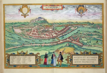 Mapa de Salzburgo, de «Civitates Orbis Terrarum» de Georg Braun (1541-1622) y Frans Hogenberg (1535-90), c. 1572-1617