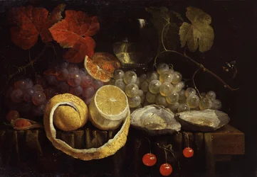 Bodegón de frutas y ostras. Pintura de Joris van Son (1623-1667) Colección particular.