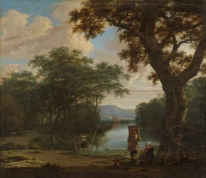 Paisaje con pescador con red cuadrada, c.1645-1655 (óleo sobre lienzo)