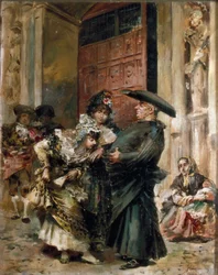 "La salida de la misa: dos mujeres examinando el vientre de un sacerdote a la salida de una iglesia. Pintura de José Denis Belgrano (1844-1917), 2ª mitad del siglo XIX. Óleo sobre lienzo.
