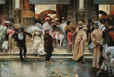 Saliendo del baile de máscaras - García y Ramos, Jose (1852-1912) - 1905 - Óleo sobre lienzo - 70,5x104,1 - Museo Carmen Thyssen, Málaga