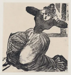 Una mujer jadeante en el suelo con las manos levantadas a la cabeza, de un cartel titulado..., 1893