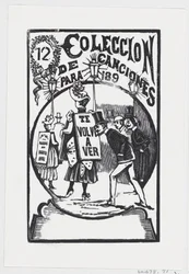 Un hombre agachado para mirar a una mujer con un cartel en la espalda, ilustración para, ca. 1890