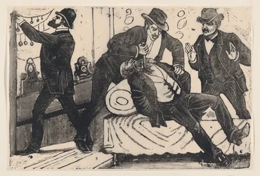 Un hombre apuñalando a otro hombre en el pecho mientras sus asociados saquean una tienda, ca. 1890-1891