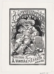 Un hombre con armas y una pipa en la boca flanqueado por dos esqueletos, ilustración..., ca. 1880-1910