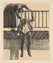 Una mujer descubre a un hombre que se ha suicidado ahorcándose de una viga, ca. 1900-1910