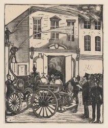 Bomberos apagando un incendio en una casa, camión de bomberos en primer plano, ca. 1880-1910