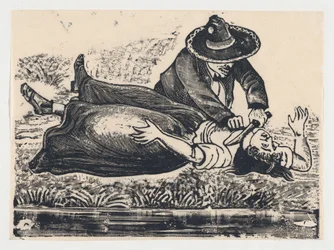 Francisco Guerrero, el fabricante de chalecos y degollador, asesinando a una mujer, ca. 19..., ca. 1905-1910.