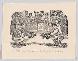 Dos hombres en una arena sosteniendo gallos en preparación para una pelea, ca 1890-1910 reimpreso 1964