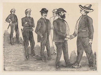 Dos hombres dándose la mano en primer plano y oficiales observándolos en el fondo, ca. 1880-1910