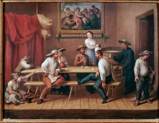 Una taberna pulquería en América del Sur, los clientes sentados a la mesa beben pulque (bebida alcohólica tradicional mesoamericana) (taberna con bebedores de pulque), Ciudad de México, Museo Nacional de Historia, Castillo de Chapultepec