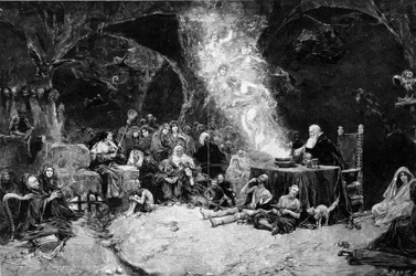 Escena de Sabbath, un hechicero preside la ceremonia convocando criaturas en un caldero mágico. Brujas asisten a la escena. De un dibujo de José Benlliure y Gil