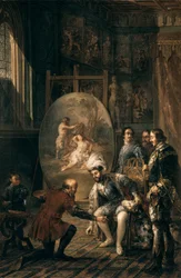 "El emperador Carlos V (1500-1558) cogiendo el pincel del pintor Tiziano Vecellio, conocido como Tiziano (1485-1576), pintor de la corte del emperador" Pintura de José Felipe Parra (1824-1864) Siglo XIX Valencia, Museo de Bellas Artes San Pío V